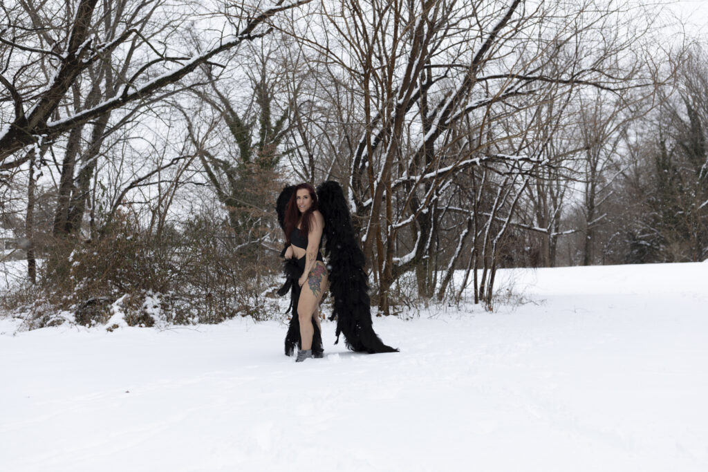 Black wings, Snow photoshoot, Boudoir session in the snow, Boudoir Photography with Black Wings - York PA